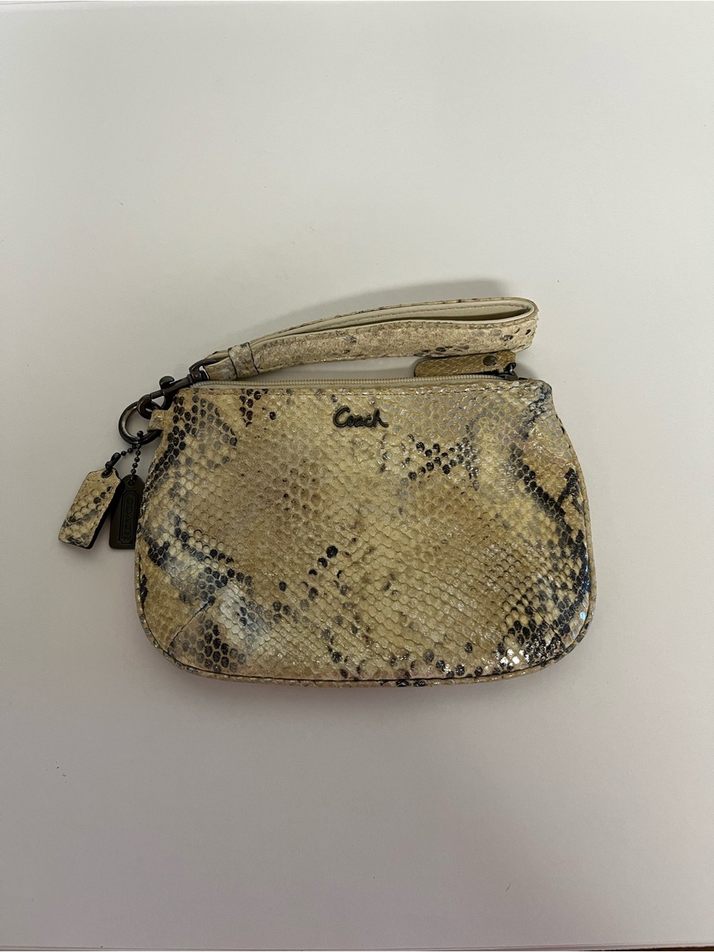 Coach Snake-Print Wristlet in Beige and Black